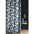 Zasłona szyta na taśmie 5 cm TROPICS srebrno granatowa z miękkiej tkaniny drukowanej w kolorowy botaniczny wzór