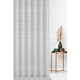 Firana szyta na przelotkach biała z matowej tkaniny o wyglądzie lnu przetykanej ażurowymi paskami, wykończona obciążnikiem