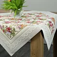 Obrus jasnoszaro, różowy 100x100 cm gobelinowy zdobiony tkanym motywem kwiatowym