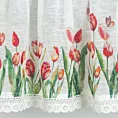 Zazdrostka biało, czerwona z etaminy zdobiona nadrukiem czerwonych tulipanów i koronką 150x30 cm tunel STELLA