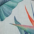 Tkanina firanowa lekka matowa etamina z  nadrukiem egzotycznych liści, wykończona obciążnikiem