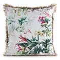 Poszewka na poduszkę 45x45 cm z tkaniny wodoodpornej biało, zielona idealna na taras oraz balkon zdobiona nadrukiem kwiatów i frędzli GARDEN