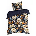 Pościel 140x200 cm bawełna ranforce kolor granatowy, pomarańczowy z motywem kwiatów FIORA