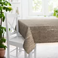 Obrus szyty beżowo złocisty z grubej, welwetowej tkaniny z geometrycznym wzorem, zdobiona delikatnie połyskującym nadrukiem