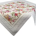 Obrus jasnoszaro, różowy 100x100 cm gobelinowy zdobiony tkanym motywem kwiatowym