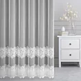 Firana szyta na taśmie fala biała z matowej tkaniny z efektem deszczyku zdobionej aplikacją w formie poziomych pasów