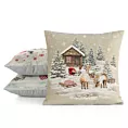 Poszewka na poduszkę 45x45 cm bawełniana, gobelinowa naturalno, beżowa zdobiona motywem zimowej wioski GOB
