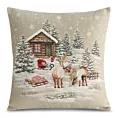 Poszewka na poduszkę 45x45 cm bawełniana, gobelinowa naturalno, beżowa zdobiona motywem zimowej wioski GOB