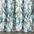 Zasłona szyta na taśmie 8 cm jasnokremowo turkusowa z tkaniny o naturalnym splocie z nadrukowanym botanicznym wzorem