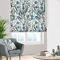 Roleta rzymska jasnokremowo turkusowa z tkaniny o naturalnym splocie z nadrukowanym botanicznym wzorem