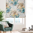 Roleta rzymska beżowo niebieska z miękkiej tkaniny typu blackout drukowanej w egzotyczne liście
