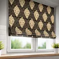 Roleta rzymska czarno złota z szenilowej tkaniny w drobny geometryczny wzór przetykany błyszczącą nicią