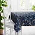 Obrus szyty granatowo złocisty z tkaniny welwetowej zdobionej połyskującym drukiem