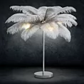 Lampa stojąca do salonu srebrna FERI na metalowej podstawie z niezwykle efektownym abażurem z naturalnych strusich piór