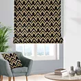 Roleta rzymska czarno złota z szenilowej tkaniny w geometryczny wzór przetykany błyszczącą nicią