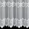 Firana szyta na flexach biała z tkaniny z efektem deszczyku, zdobionej geometryczną aplikacją