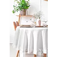 Obrus okrągły biały średnica 120 cm ELIZA zdobiony srebrną błyszczącą nicią z elegancką listwą