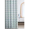 Zasłona szyta na tunelu jasnokremowo turkusowa z tkaniny o naturalnym splocie z nadrukowanym wzorem w kratę