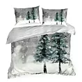 Pościel świąteczna 220x200 cm z satyny bawełnianej, kolor jasnoszary, biały zdobiona nadrukiem zimowego krajobrazu FOREST