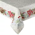 Obrus 140x180 cm srebrzysto, czerwony gobelinowy z motywem świątecznym, przetykany srebrną nicią