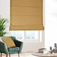 Roleta rzymska musztardowa z gładkiej tkaniny zaciemniającej typu dimout wykończona obciążnikiem