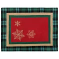 Podkładka na stół czerwono, zielona 35x45 cm gobelinowa CHERRY z motywem złotych śnieżynek i ozdobną kantą w kratę