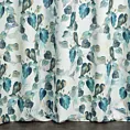 Zasłona szyta na taśmie 5 cm niebiesko zielona z tkaniny o naturalnym splocie z drukowanym wzorem liści