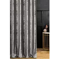 Zasłona szyta na taśmie 5 cm stalowo srebrzysta z miękkiej tkaniny welwetowej z ornamentowym błyszczącym nadrukiem