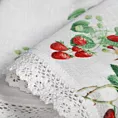 Zazdrostka biało, zielona z etaminy zdobiona nadrukiem truskawek i koronką 30x150 cm KSENIA