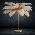 Lampa stojąca do salonu beżowo, szampańska FERI na metalowej podstawie z niezwykle efektownym abażurem z naturalnych strusich piór