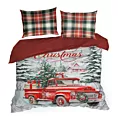 Pościel świąteczna 160x200 cm z bawełny ranforce, kolor czerwono, biały zdobiona uroczym nadrukiem świątecznego auta XMAS