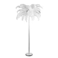 Lampa stojąca do salonu srebrno, biała FERI na metalowej podstawie z efektownym abażurem z naturalnych strusich piór