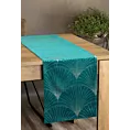 Bieżnik na stół ciemnoturkusowo, złoty 35x140 cm welwetowy BLINK 14 z dużym wzorem wachlarzy w stylu art deco