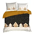 Pościel świąteczna 220x200 cm bawełniana kolor czarny, musztardowy z motywem piernikowych domków GOLDI