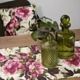 Bieżnik na stół oliwkowo, różowy 35x140 cm welwetowy VELVET 3 z trójwymiarowym nadrukiem barwnych kwiatów piwonii