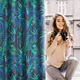 Zasłona czarno, granatowa zdobiona nadrukiem palmowych liści 140x250 cm przelotka - PALMAS