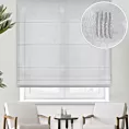Roleta rzymska IVO biała z matowej tkaniny haftowanej w geometryczny wzór, wykończona obciążnikiem