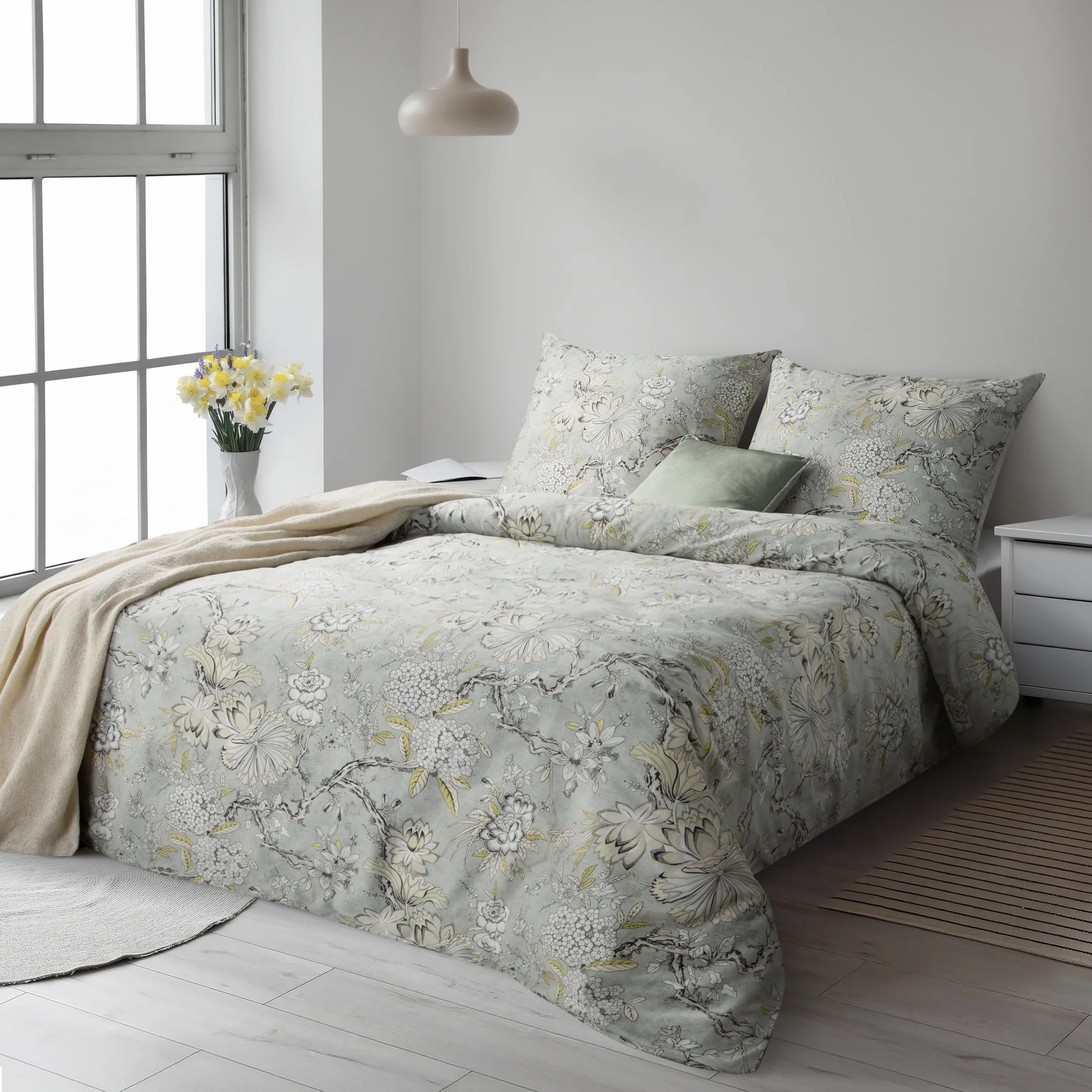 Pościel 140x200 cm satyna bawełniana kolor jasnostalowy, beżowy z eleganckim wzorem roślinnym SPRING 64 | eurofirany