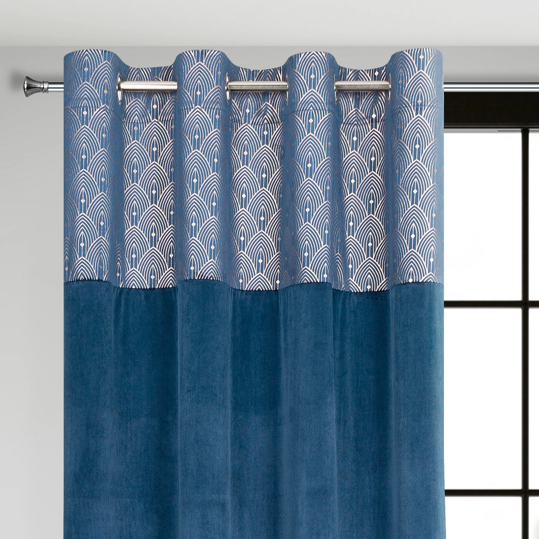 Zasłona granatowa z aplikacją z błyszczącego welwetu 140x250 cm przelotka - AGNES - Design 91 | eurofirany