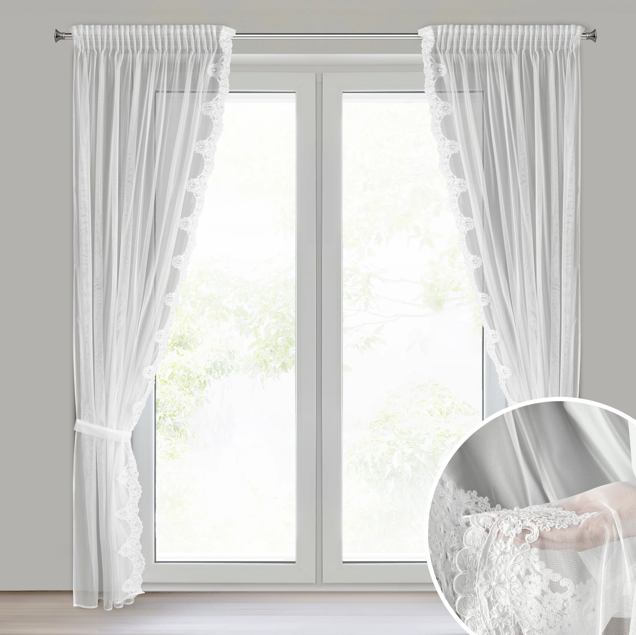 Komplet 2 szt. firan białych zdobionych haftem, troczki w zestawie 140x270 cm AMADI | eurofirany