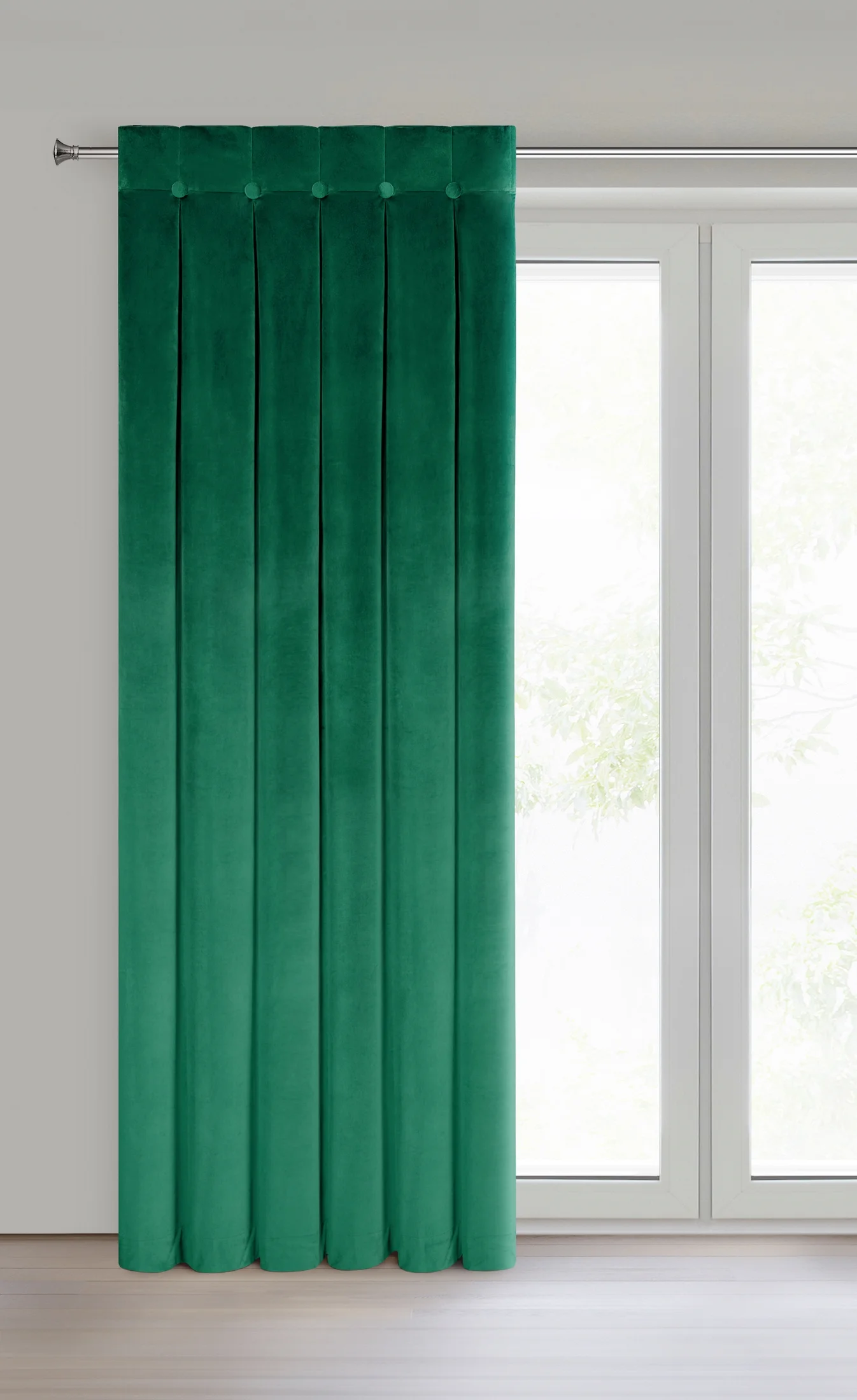 Zasłona ciemnozielona z welwetowej tkaniny zdobiona głębokimi fałdami i guzikami 85x250 cm (wymiar podany na gotowo) szelki - ALITA