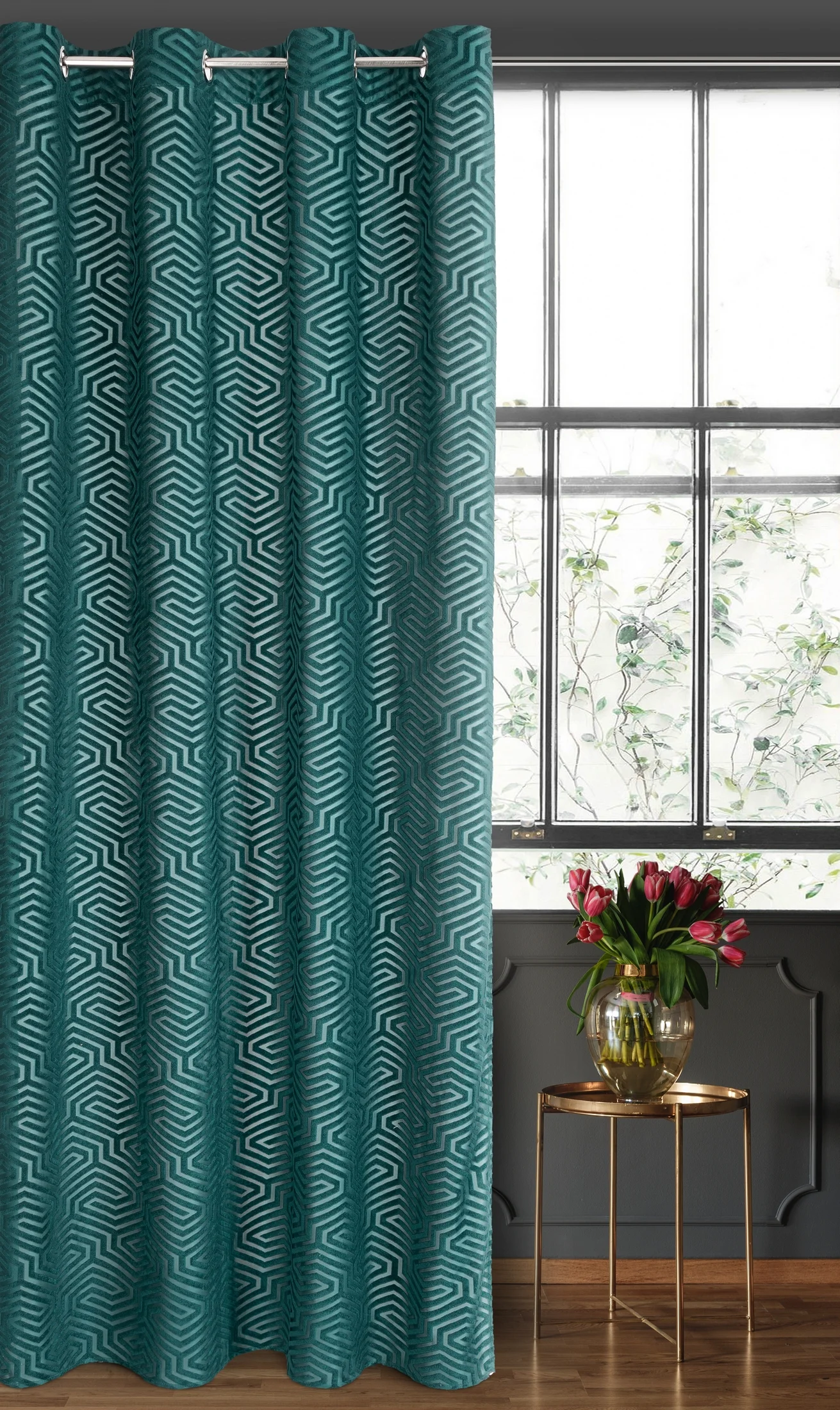 Zasłona welwetowa turkusowa we wzór geometryczny 140x250 przelotka - INGA - Pierre Cardin | eurofirany