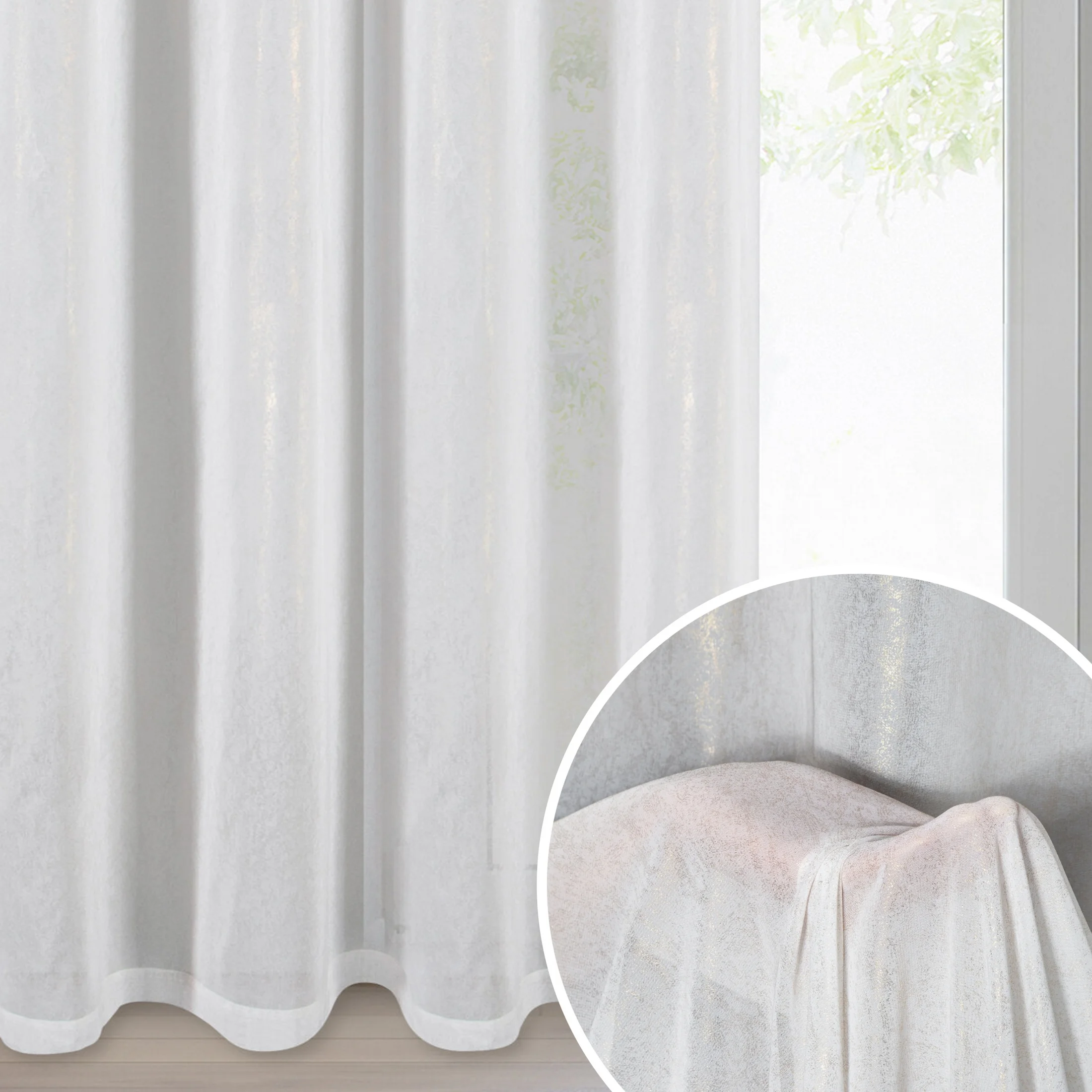 Firana biało, szampańska z szyfonu zdobiona szampańskim nadrukiem 140x250 cm przelotka MISSY | eurofirany