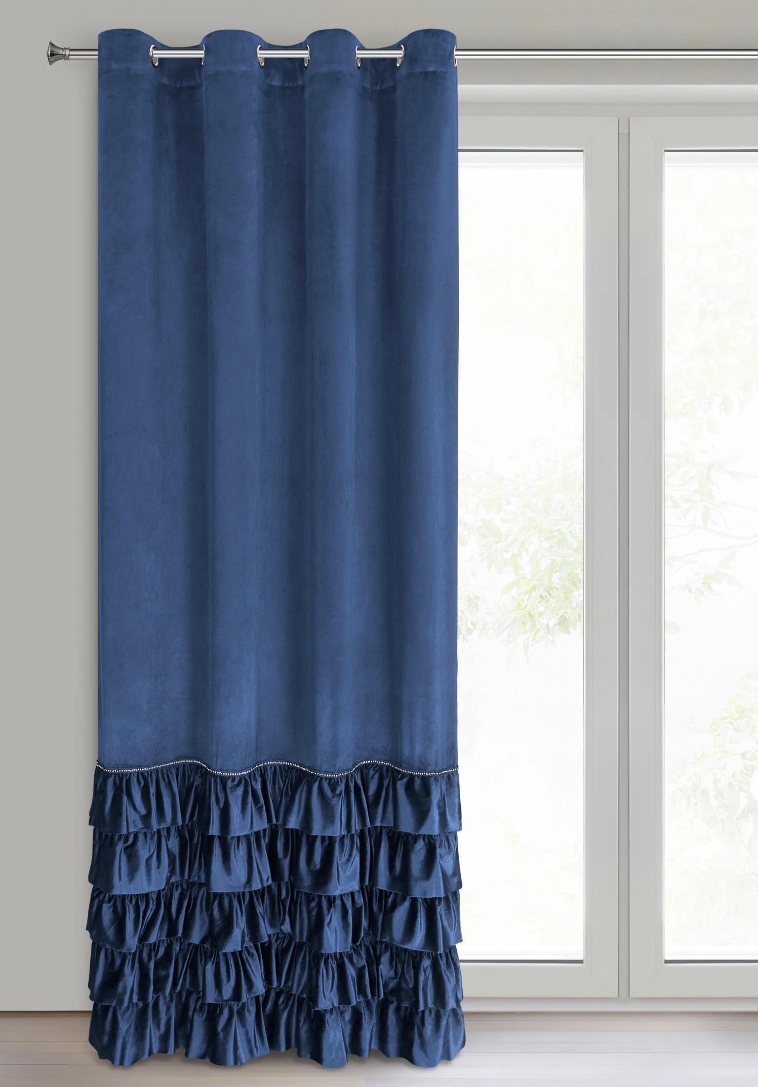 Zasłona welwetowa granatowa zdobiona falbanami i lśniącymi akcentami 140x250 cm przelotka - CARLI