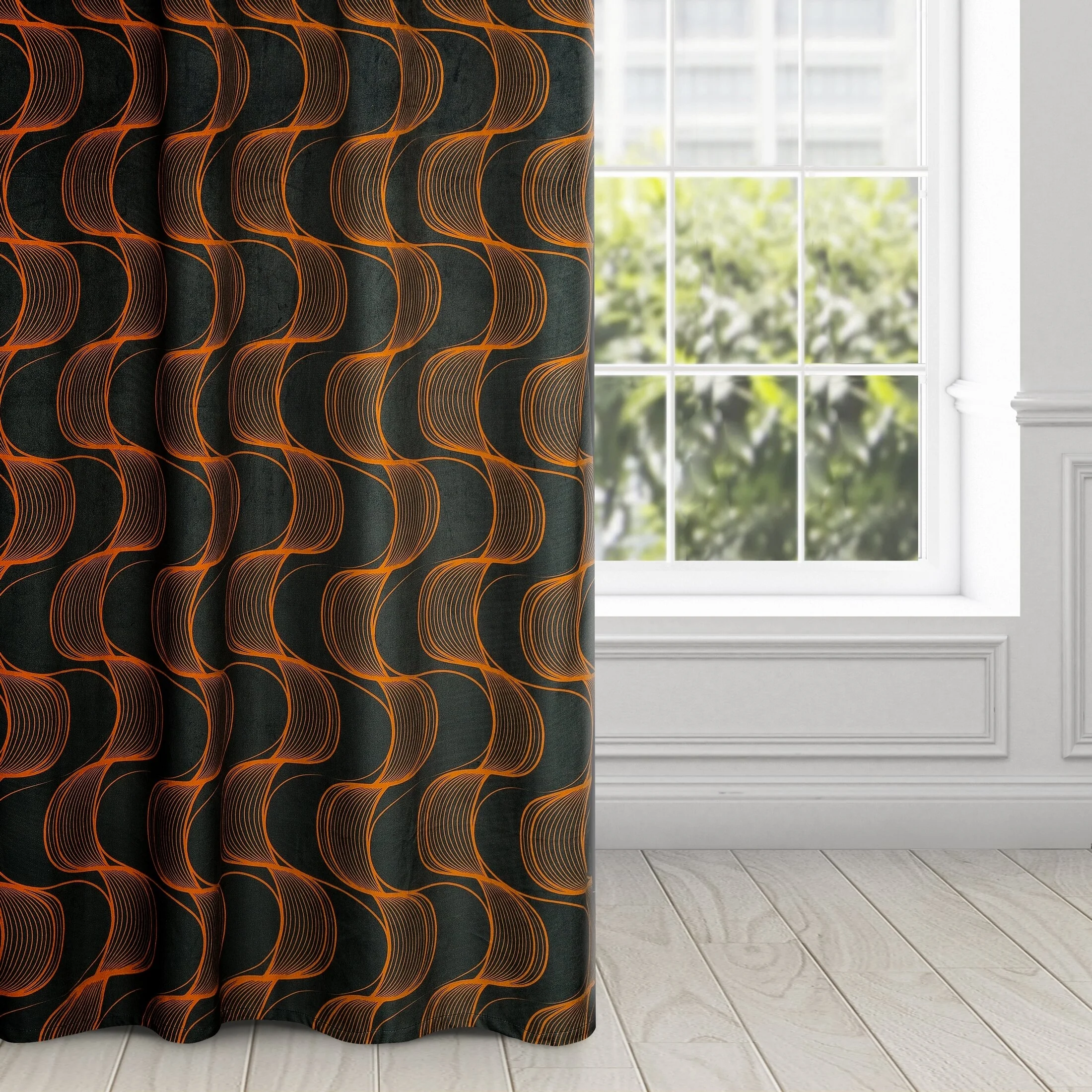 Zasłona czarno, ruda z wzorem pionowych fal, z welwetu 140x250 cm przelotka - POLA | eurofirany