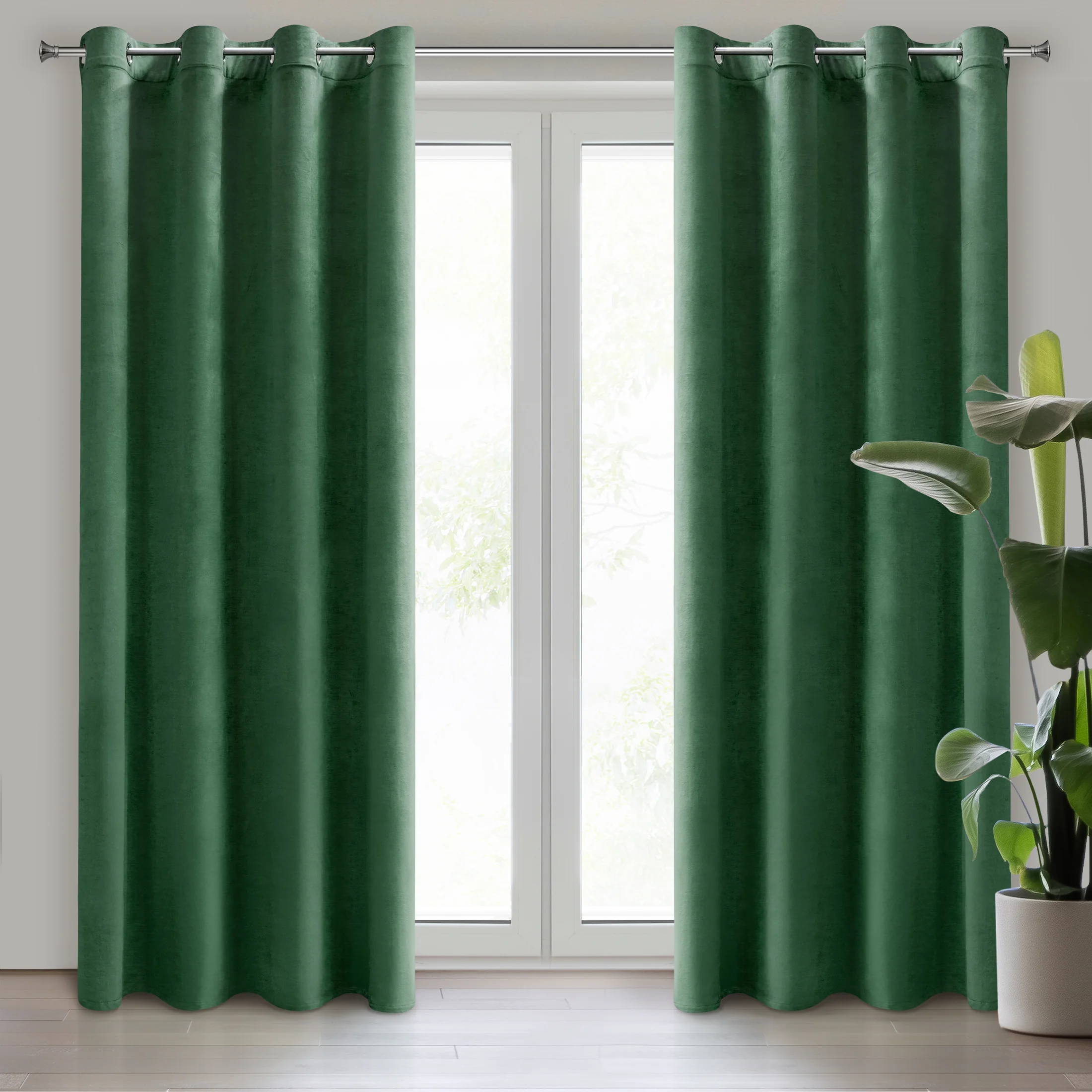 Komplet 2 szt. zasłon ciemnozielonych z welwetowej tkaniny 140x250 cm przelotki - DARLA | eurofirany