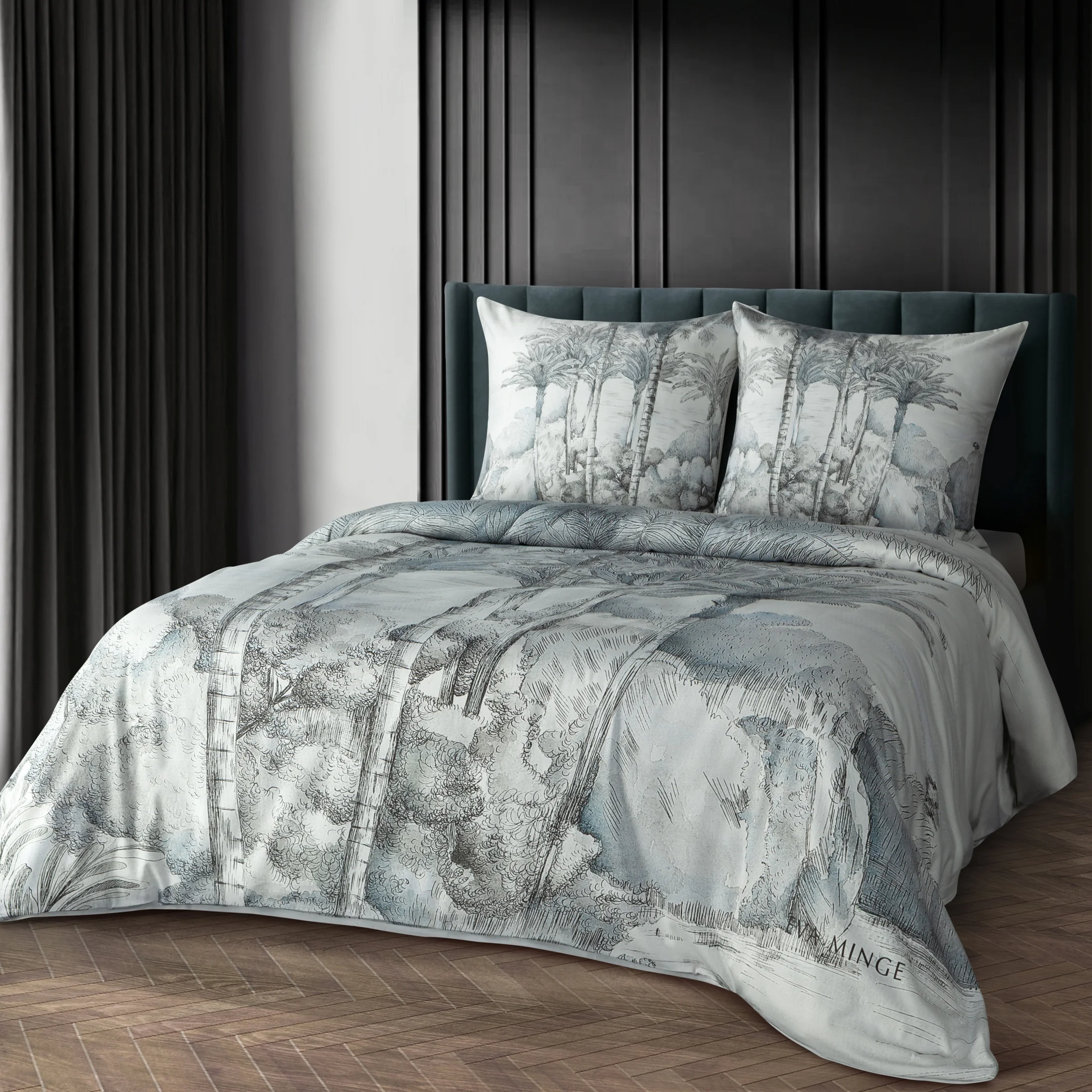 Pościel 220x200 cm z makosatyny bawełnianej kolor jasnoszary, stalowy z designerskim nadrukiem SKYE Eva Minge | eurofirany