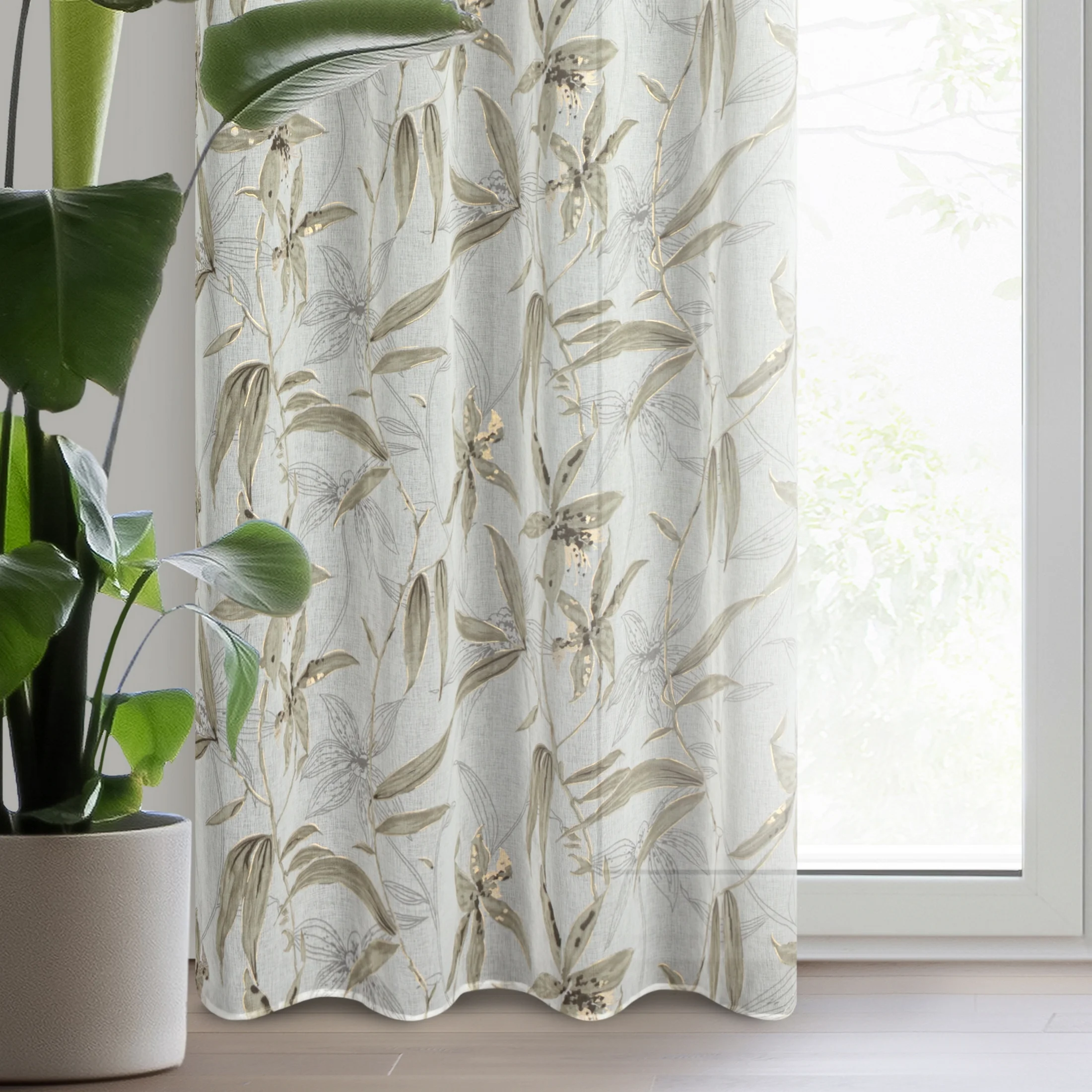 Zasłona naturalno, oliwkowa zdobiona nadrukiem kwiatów z etaminy 140x250 cm przelotka - PATI