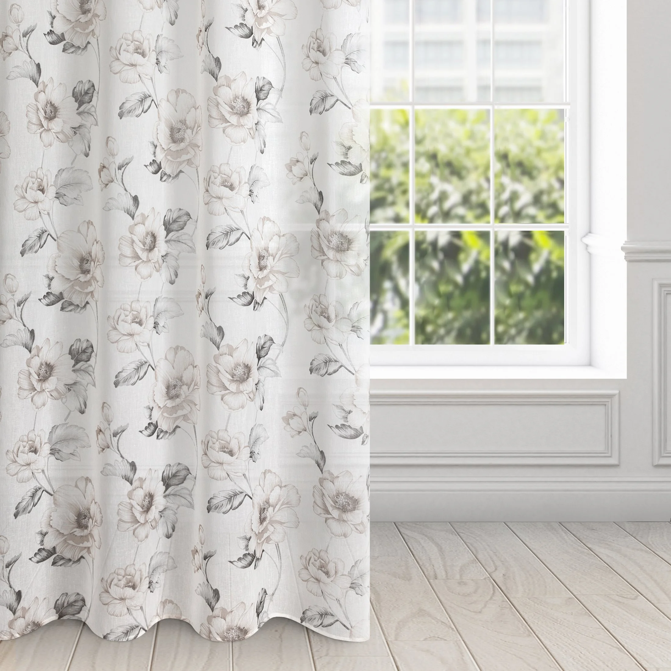 Firana naturalno, beżowa z motywem kwiatowym z etaminy Eurofirany 140x250 cm przelotka BASALA | eurofirany