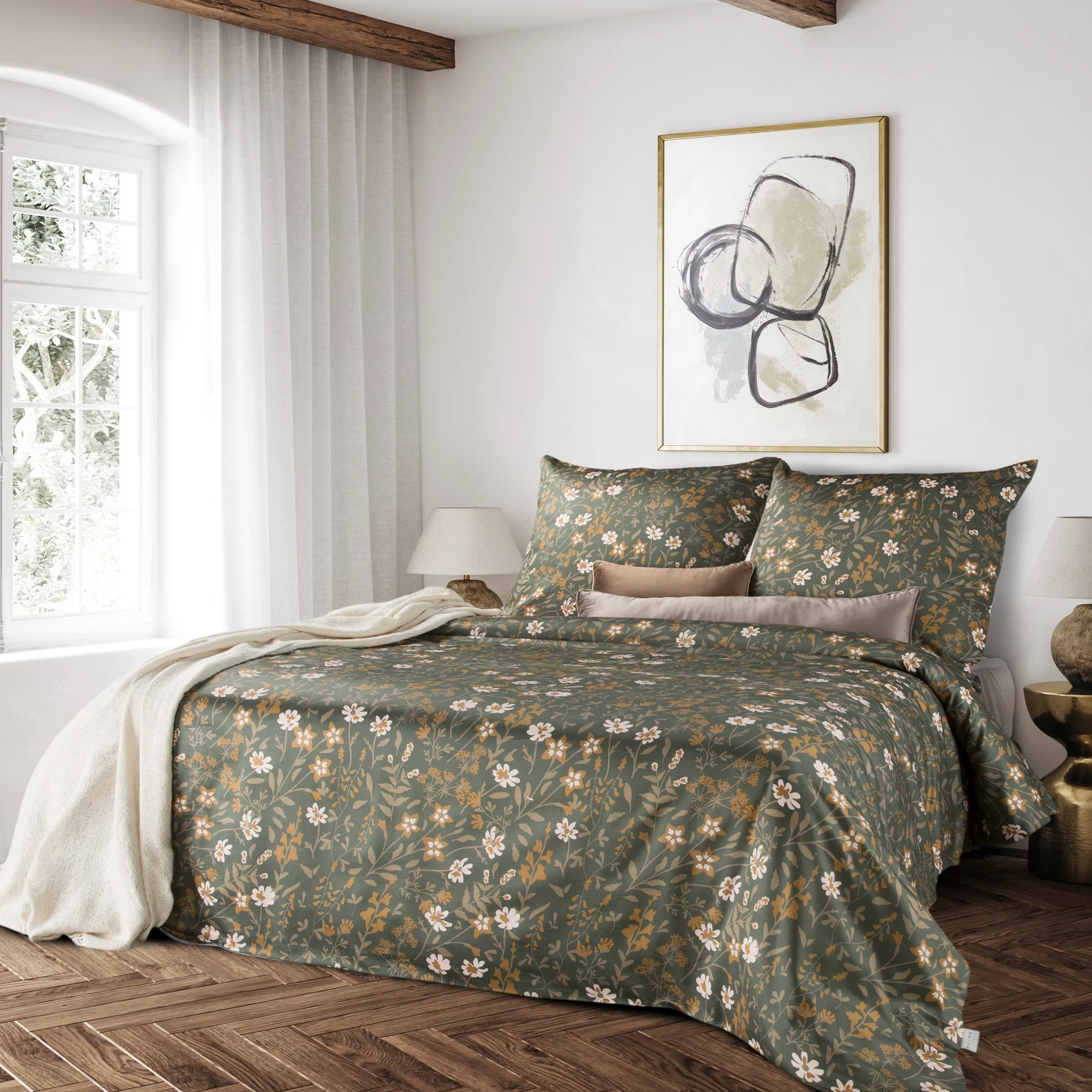 Pościel 160x200 cm z makosatyny bawełnianej kolor ciemnooliwkowy, musztardowy z motywem kwiatów REINA 48 kolekcja FIORE | eurofirany